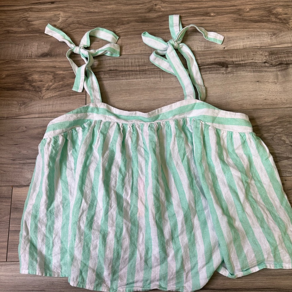 NWT Stoney Clover Striped Green and White Cropped Sleeveless Top Linen Blend L